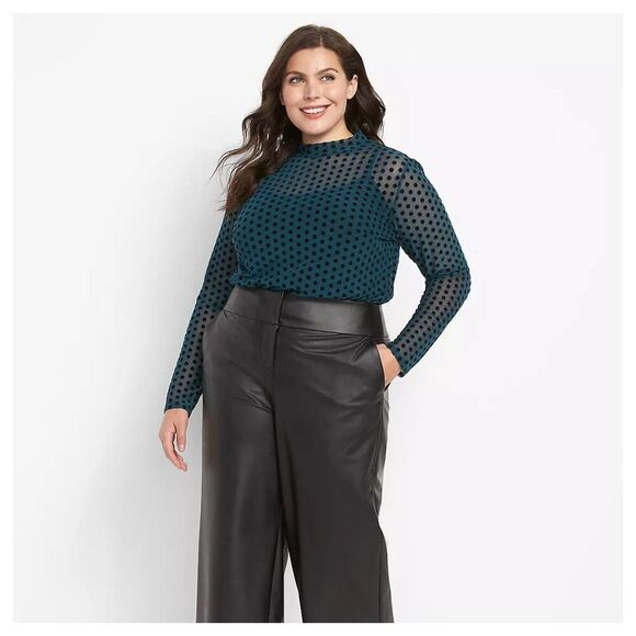 Mock-Neck Flock Dot Sheer Mesh Top - Picture 1 of 6